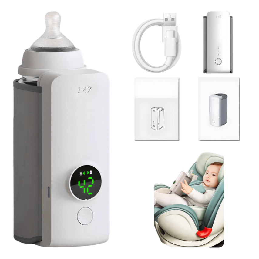 Collection of baby-related products including a bottle warmer, car seat, and digital thermometer on a white background.