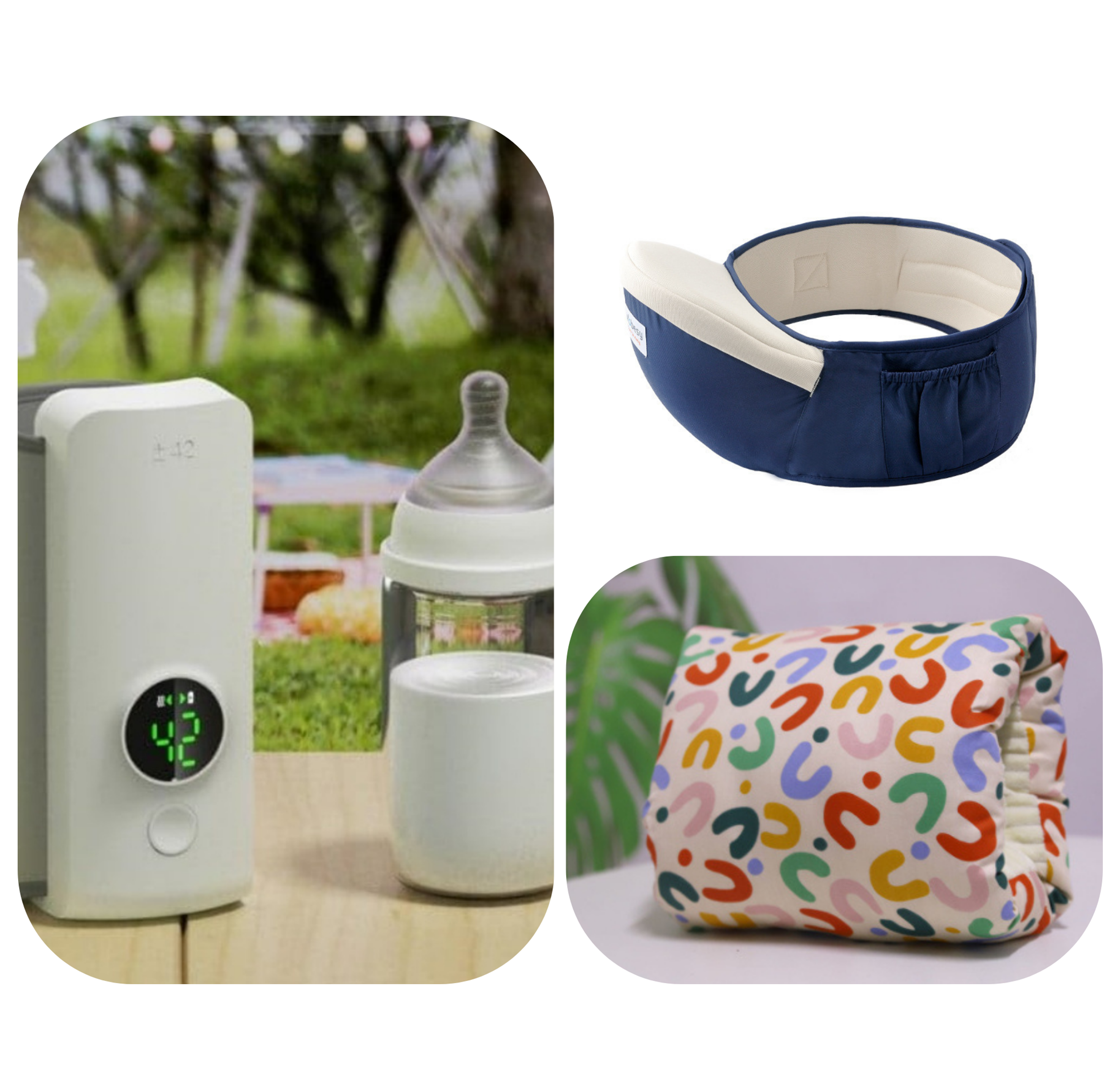 Collage of baby products including a bottle, digital thermometer, and colorful diaper bag.